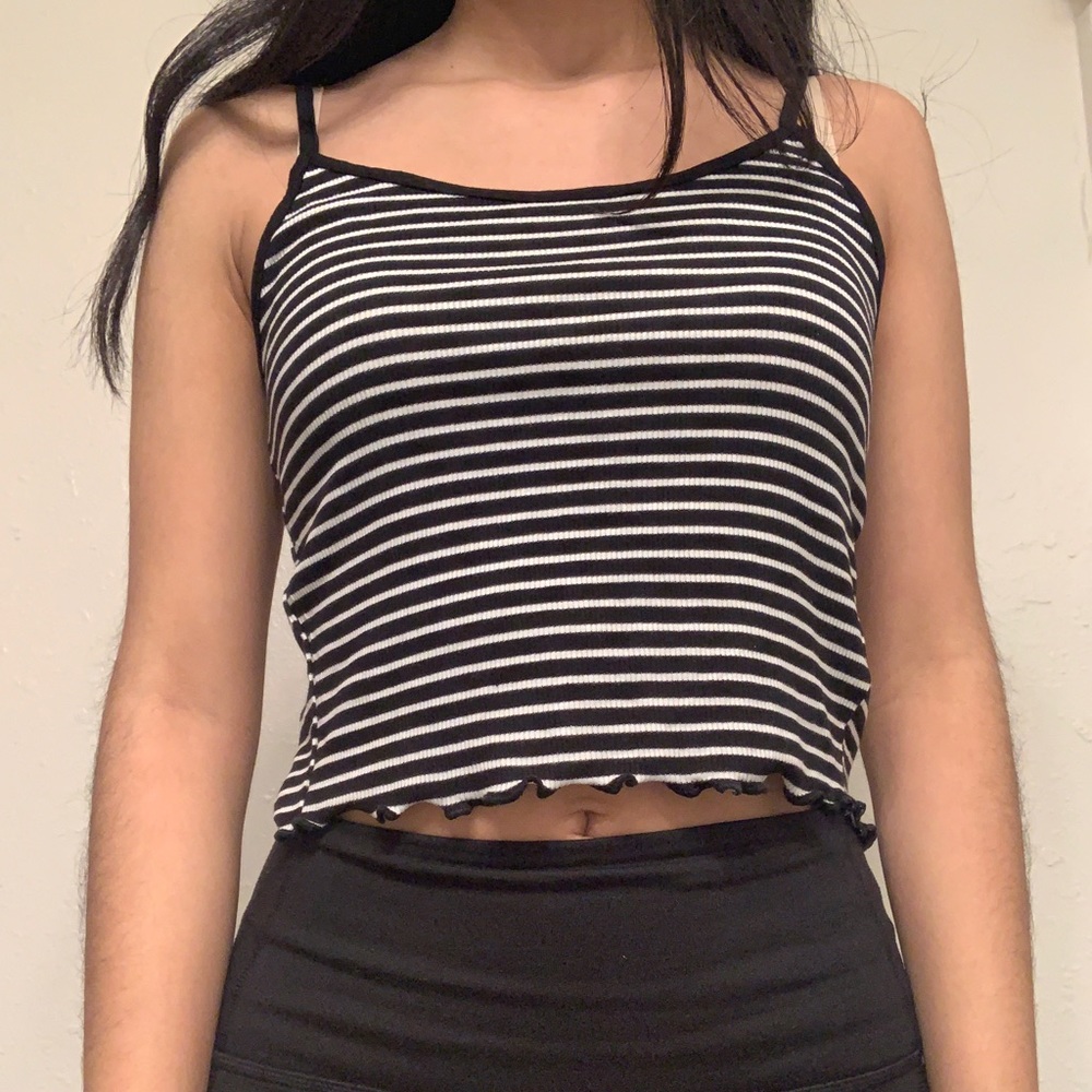 black & white striped tank top with lettuce detail